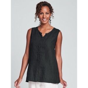 FLAX 100% Linen Black True Tunic Sleeveless Blouse Sz S Coastal Lagonlook Beach